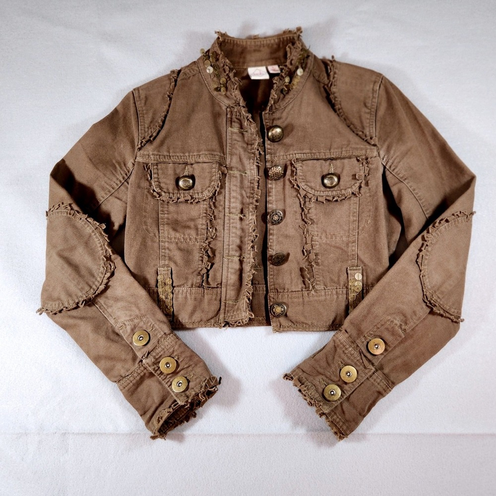 Cropped Frayed-Trim Jean Jacket - Brown